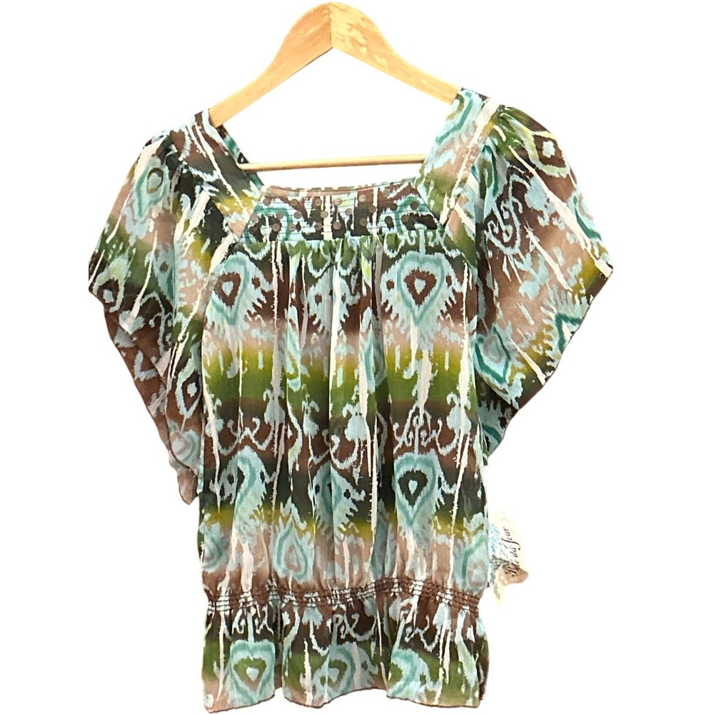Y2K Belle du Jour Blouse Boho Chiffon Peasant Ikat Print Smocked Top Small NWT